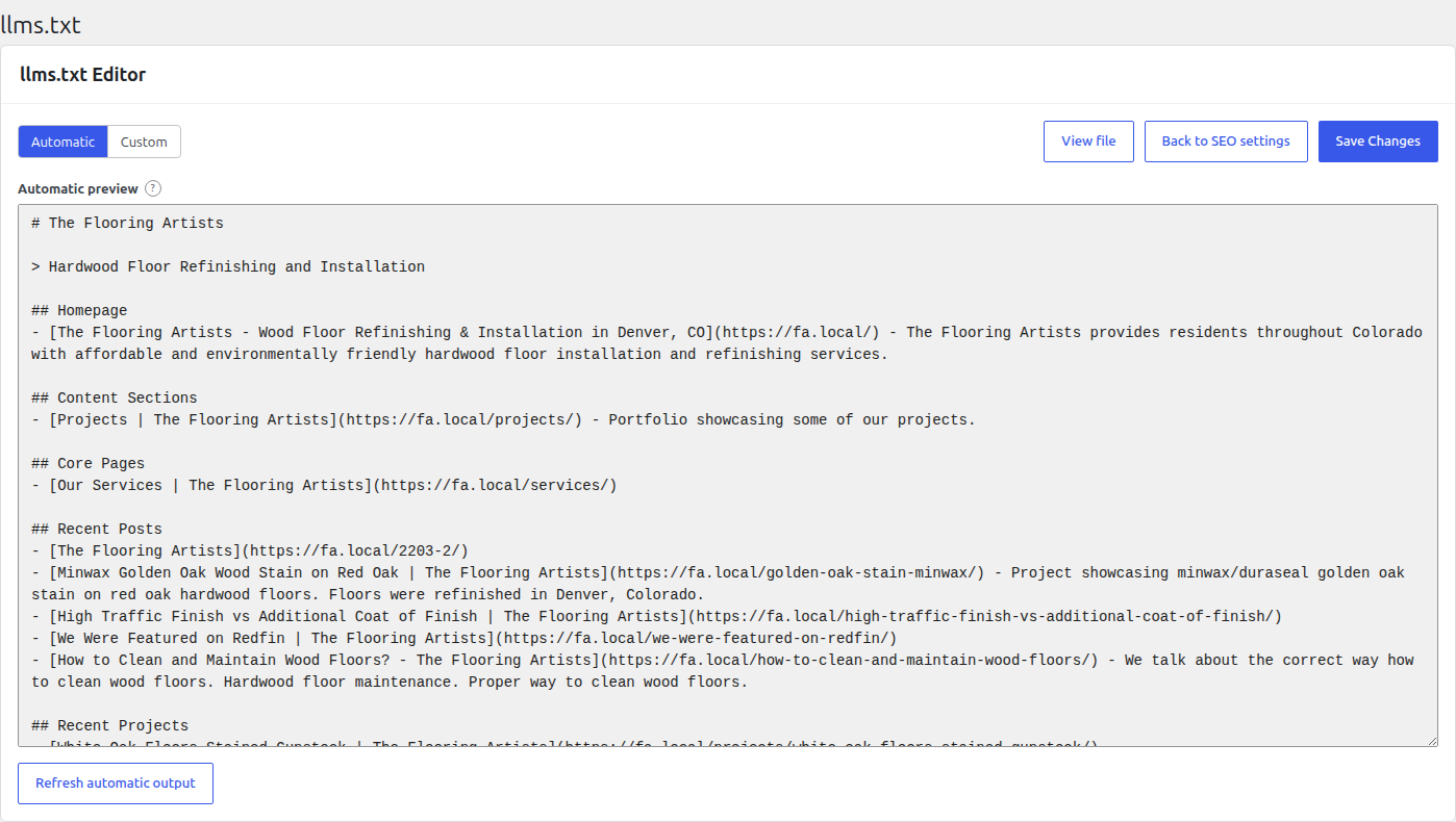 Quiet SEO llms.txt editor in Automatic mode