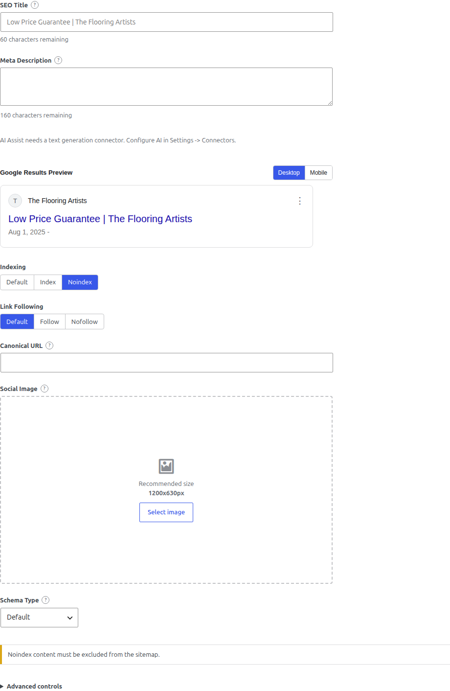 Quiet SEO page panel with search preview, indexing controls, social image, page data, and warning state